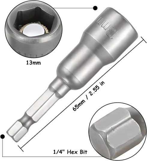 5Pcs Power Nut Driver Set 1/4 Inch Hex Shank 65mm Length Diameter 13mm Magnetic Quick Change Socket Nut Impact Driver Adapter Power Nut Driver Rep...