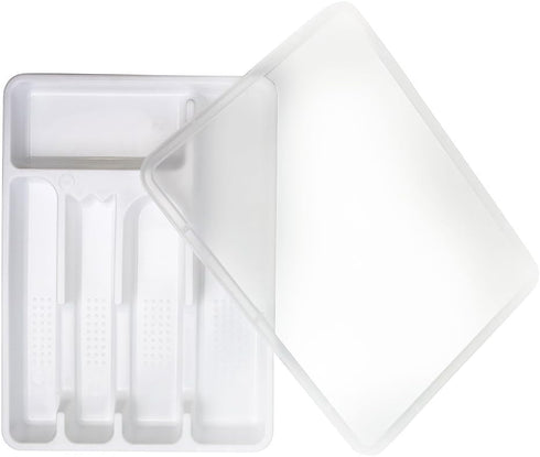 Flatware Tray with Lid, Plastic Camper Picnic Cutlery and Utensil Drawer Organizer, Kitchen Silverware Storage Container with Cover, White...