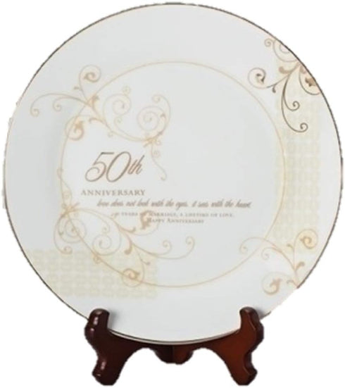 Roman 50th Wedding Anniversary Plate – 2-Piece Set with Decorative Plate and Stand, Golden Celebration Gift for Couples...