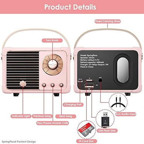 Retro Bluetooth Speaker, Wireless Vintage Small Speaker, Hands-Free Call,400mA Battery,TF Card,Aux Line, Portable Speaker for iOS Android Smartpho...