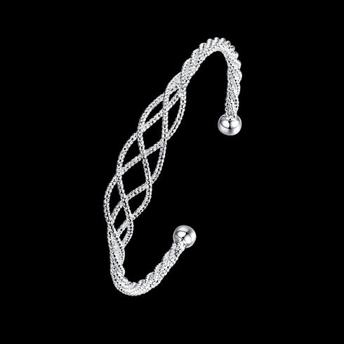 Sterling Silver Adjustable Wire Bracelet, Fashion Bangle Cuff Bracelet with beads at wire ends, Specail Follower Mesh Pattern on The Wire Middle F...