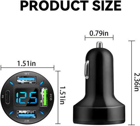 4 Ports USB Car Charger, 66W Super Fast Charging USB QC 3.0, USB Adapter Charger with LED Voltmeter for Car Cigarette Lighter Plug, Compatible wit...