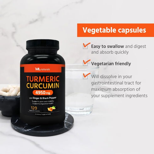 Extra Strength Turmeric Curcumin 4950 mg 120 Vegetable Capsules, 95% Curcuminoids, with Black Pepper & Ginger. Enhanced Absorption, Joint Support,...