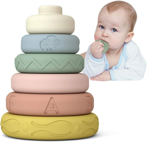Mini Tudou 6 PCS Baby Stacking & Nesting Toys, Soft Stacking Blocks Ring Stacker, Baby Sensory Teether Toys with Letter, Animal and Shape, Early L...