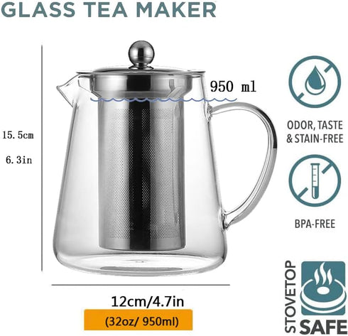 Glass Teapot (32oz/950ml) MJZQCD with Removable Stainless Steel Infuser,Glass Tea Pot transparent Stovetop tea Kettle,Blooming and Loose Leaf Tea ...