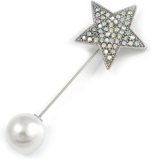 AB Crystal Star, Pearl Bead Lapel, Hat, Suit, Tuxedo, Collar, Scarf, Coat Stick Brooch Pin In Silver Tone Metal - 70mm L...