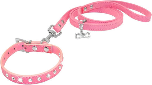 Dogs Kingdom 10 "-16.5" Total Length Suede Skin Jeweled Rhinestones Pet Dog Collar Leash Set Sparkly Crystal Diamonds Studded Leather Puppy Dog Ca...