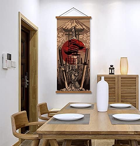 Japan Wall Art Armor Samurai Sword Poster Print On Canvas Skeleton Oriental Art Decoration Wood Framed To Hanging 16”X35”...