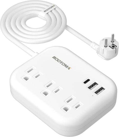 European Travel Plug Adapter with USB C, ROOTOMA Outlet Converter US to Europe 3 Outlets 3 USB Ports, International Power Strip for EU Spain Franc...