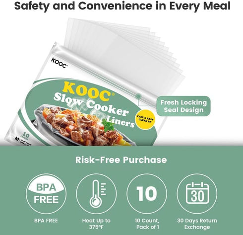 KOOC Slow Cooker Liners 11x17 inch 10 count Middle Size Disposable Pot Liners Cooking Bags Fit 2QT to 3QT Pot BPA Free Fresh Locking Seal Design...