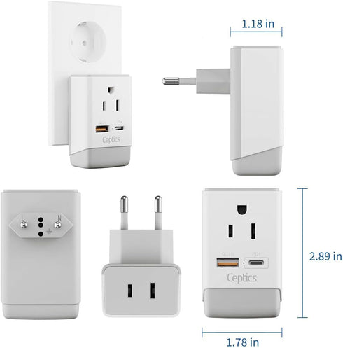 Ceptics European Travel Plug Adapter, Schuko QC 3.0 & PD Safe Dual USB & USB-C - 2 USA Socket - Compact & Powerful - Use in Greece Italy Switzerla...