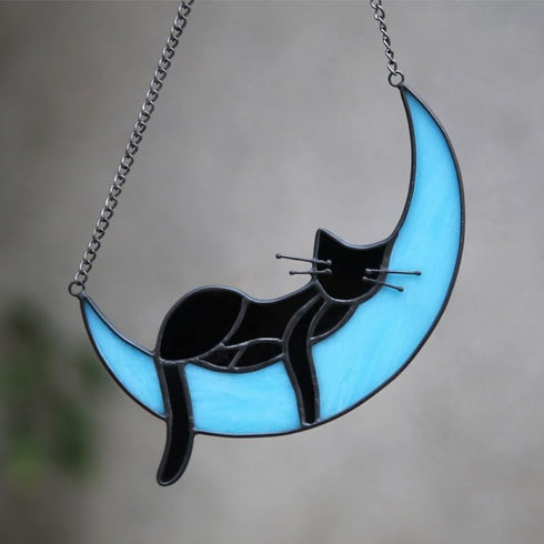 Black Cat Decor On Blue Moon Stained Window Hanging, Stained Cat Suncatchers Decoration Cat Decor for Cat Lovers Indoor...