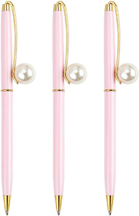 Monique 3 Pcs Pearl Decorative Metal Ballpoint Pen Ball Pen 0.7mm Fine Tip Black Ink Pink...