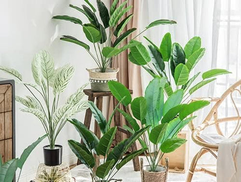 Rikyo 2 Bunches Artificial Bird of Paradise Plants 18" Permanent Leaf,Tropical Leaves Faux Strelitzia 12 Leaves Banana Tree for Potted Plant Flowe...