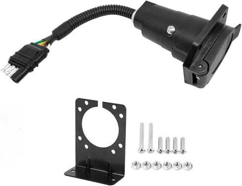 NEWSUN® 4 Way Flat to 7 Way Round Blade Trailer Adapter, Wiring Harness 4 Pin to 7 Pin Electrical Plug Connector with Heavy Duty Bracket - Secure ...