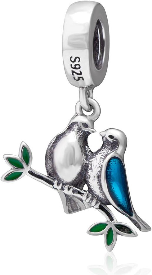 Two Birds Dangle Charm - 925 Sterling Silver&Enamel Beads - European Style Bead Charm Bracelet...