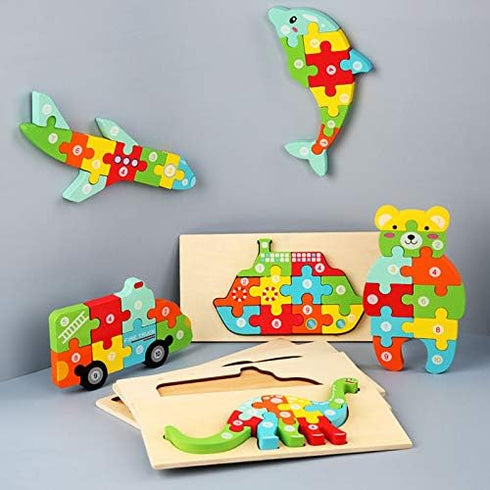 Wooden 'Fire Truck' 3D Jigsaw Puzzle for Kids, Animal Number Block Puzzles for Toddlers, Educational Learning Montessori Toys for Boys and Girls (...