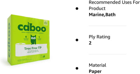 Caboo Tree Free Toilet Paper, Septic Safe Bath Tissue, Quick Dissolving 2 Ply Sheets - 300 Sheets Per Roll, 9 Double Rolls...