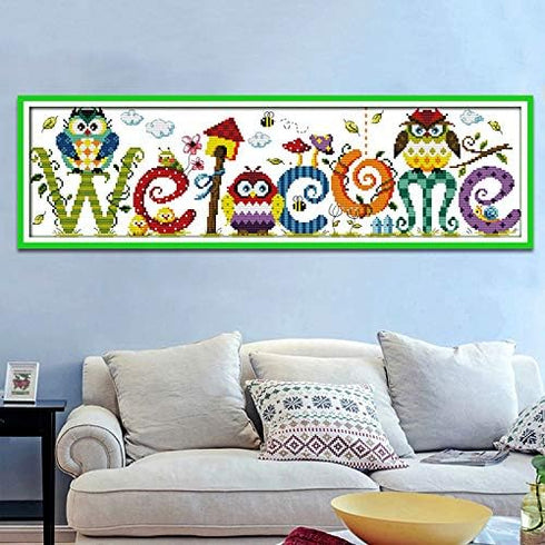 Stamped Cross Stitch Kits 14CT Pre-Printed Painting Cross Stiching DIY Art Crafts & Sewing Needlepoints Kit for Home Decor (Owl Welcome)...