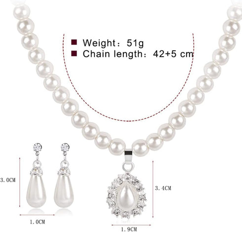 Wekicici Bridal Necklace Earrings Bracelet Set Ivory Teardrop Pearl Wedding Set, Matching Bridal Necklace & Earrings for Women, white...