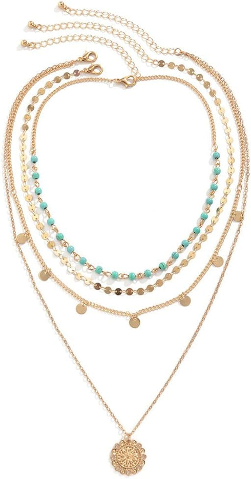 Boho Choker Women Necklace Gold Turquoise Coin Pendant Layered Necklaces Chain Glitter Bohemia Sequin Tassel Necks Jewelry for Women...