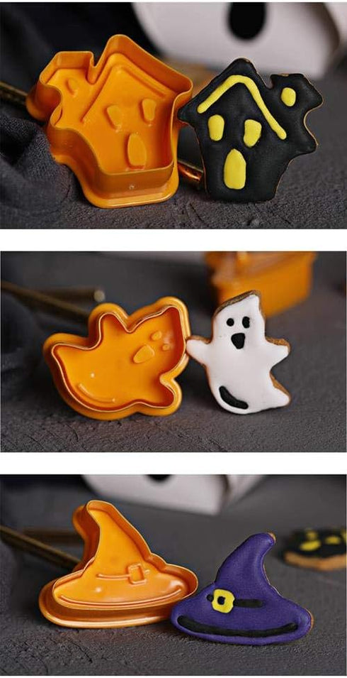 4 Pcs Halloween Theme Plunger Biscuit Mold Cutter Plastic Cookie Cutter Biscuit Stamp Mould Fondant Tool Set...