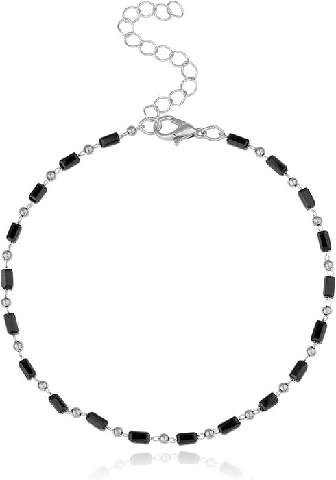 Black Crystal Beads Anklet Dainty Black Glass Bar Beads Link Chain Anklet Bracelet for Women Girls Barefoot Sandal Vacation Bikini Jewelry-silver...