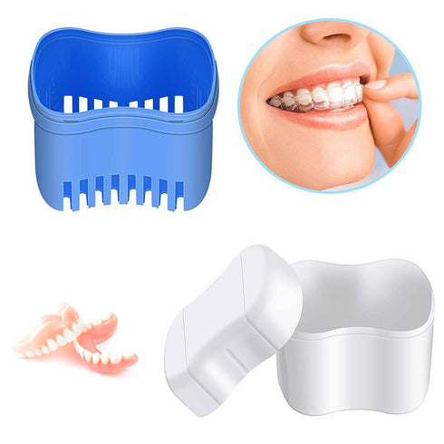Denture Cleaner Box and Brush Set - 2 Pack Denture Bath Case with Basket + 2 Pack Denture Brush, Portable Denture Retainer Storage Box, False Teet...