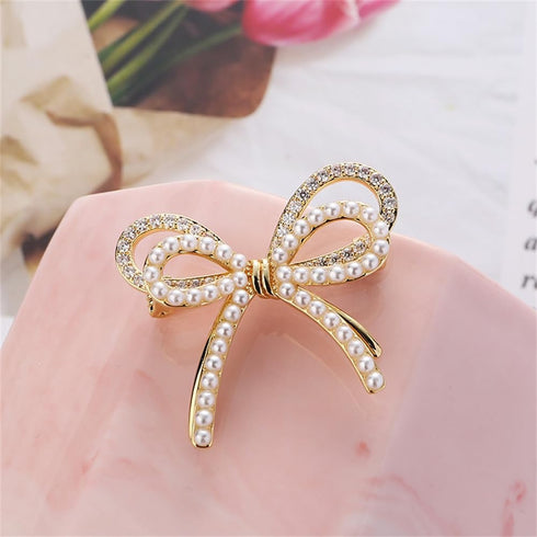 Bow Knot Brooch Rhinestones Pearl Bow Lapel Pin Alloy Pearl Brooch Satin Ribbon Bow Badge Women's Dress Shawl Sweater Decoration...