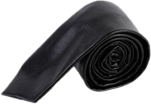 Men's Skinny Tie Handmade PU Leather Black Narrow Necktie...