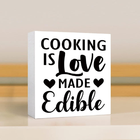 Kitchen Wood Box Signs,Cooking is Love Made Edible Kitchen Wood Block Signs with Sayings for Kitchen Table Decor,Funny Kitchen Sign Decor for Shel...