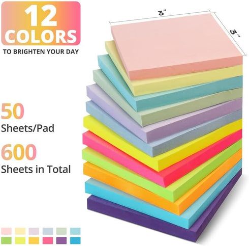 Sticky Notes, 12 Pads, 3x3 inches, Colorful Self-Stick Note Pads, Perfect for Office, Study, and Daily Life Organization - Soft Pastel...