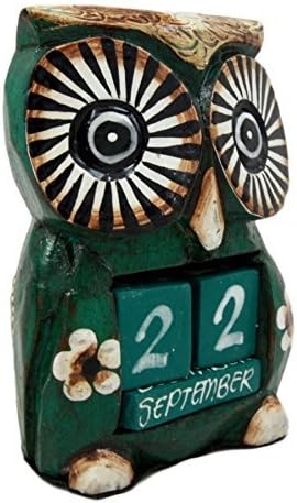 Hand Made Wood Artisans "Burung Hantu" Green Hypnosis Forest Owl Desktop Calendar Figurine 4.5"H...