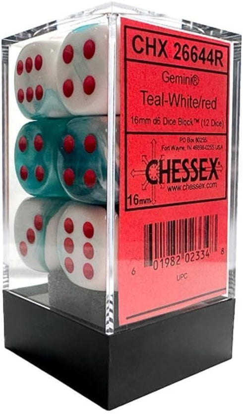 DND Dice Set-Chessex D&D Dice-16mm Gemini White, Teal, and Red Plastic Polyhedral Dice Set-Dungeons and Dragons Dice Includes 12 Dice – D6...