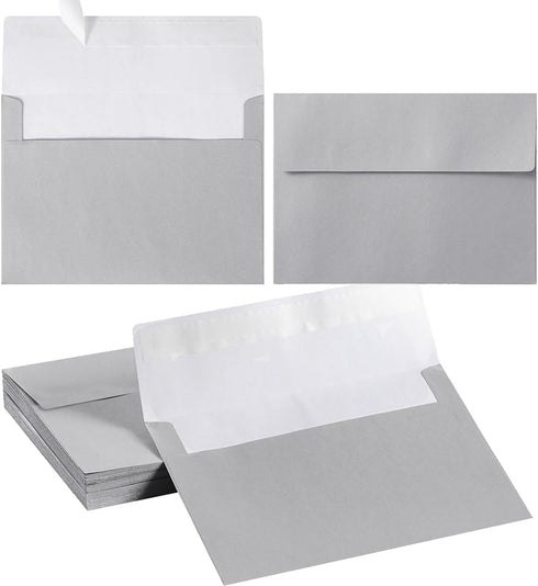 50 Pieces Metallic Color Self Seal Envelopes for Greeting Cards, Invitations, Postcards (Silver, 4x6)...