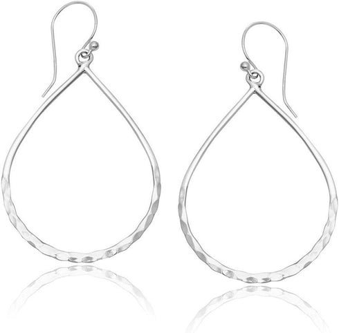 MIMI 925 Sterling Silver Hammered Open Teardrop Hoop Earrings...