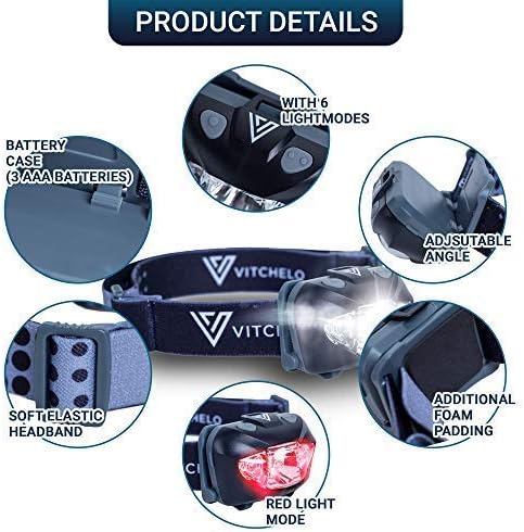 Vitchelo Black Headlamp Flashlight - Red Safety Light - 6 Light Modes - Super Bright Waterproof Adjustable Head Light - 3 AAA Batteries - Running,...
