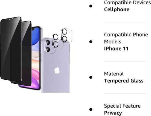YMHML 2 Pack iPhone 11 Privacy Screen Protector + 2 Pack Camera Lens Protector, Anti Spy Tempered Glass Privacy Screen for iPhone 11 (6.1 Inch), B...