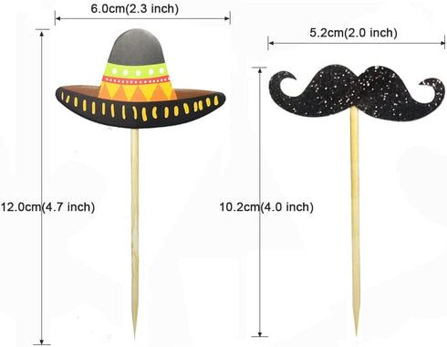 Morndew 24 PCS Sombrero Mustache Cupcake Toppers Insert Picks Decorations for Mexican Fiesta Themed Party Birthday Party Baby Shower Wedding Party...