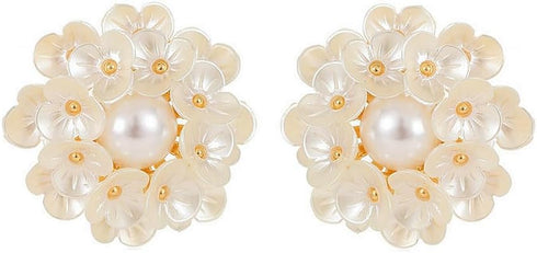 Round Flower Shell Pearl Stud Earrings for Women Girls 925 Sterling Silver Post Pin 14K Gold Plated Dainty White Hydrangea Clover Cluster Leaf Blo...