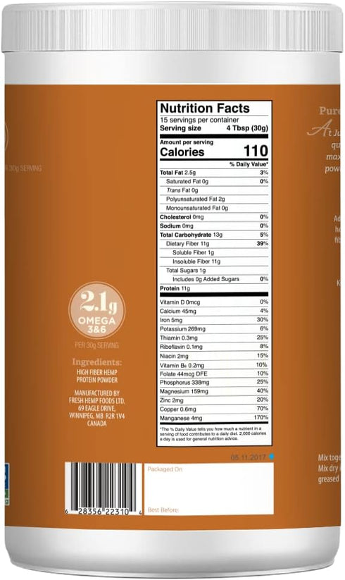 Just Hemp Foods Hemp Protein Powder Plus Fiber, Non-GMO Verified with 11g of Protein & 11g of Fiber per Serving, 16 oz - Packaging May Vary...