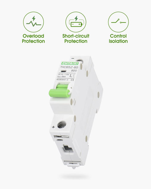12V-110V DC Miniature Circuit Breaker, 20 Amp 1 Pole Battery Breaker Protector for Solar PV System and RV, Thermal Magnetic Trip, DIN-Rail/Surface...