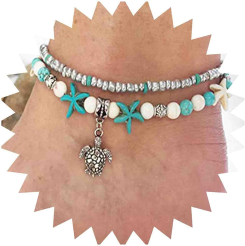 Boho Starfish Anklet Bracelet Sea Turtle Turquoise Chain Anklet Layered Turtle Pendant Ankle Bracelets Beach Blue Beads Foot Chain Jewelry for Wom...