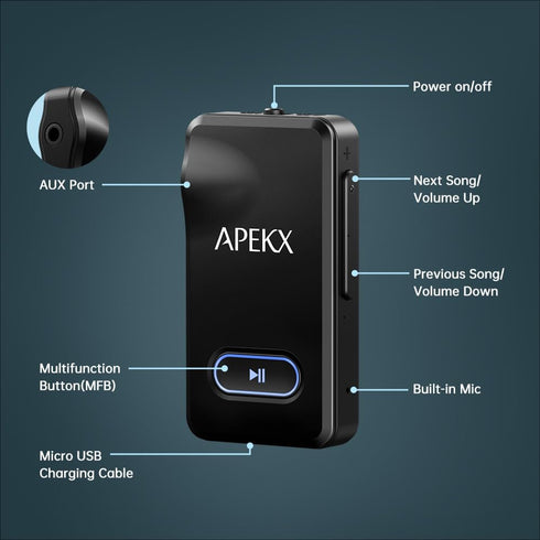 APEKX Bluetooth Adapter for Car, Wireless 3.5mm Aux Hi-Fi Audio Receiver with 15H Battery Life, for Home Stereo, Wired Headphones, and Speaker (Bl...
