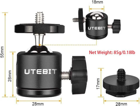 UTEBIT 2 Pack Mini Ball Head with 1/4" Hot Shoe Mount Adapter Max Load 5.5lb 360° Swivel Tripod Ball Head for DSLR Camera Camcorder, Light Bracket...