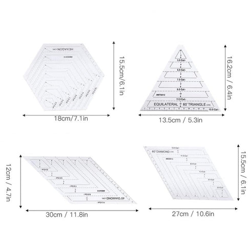 4Pcs Quilting Ruler, Handmade Quilting Templates, 60 Degree Triangle and Diamond, 45° Diamond, Hexagon Templates, Patchwork Sewing Craft Ruler for...