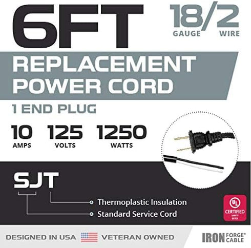 Iron Forge Cable 18 AWG Replacement Power Cord with Open End - 6 Ft Black Extension Cable 2 Prong, 2 Wire 18/2 SJT...