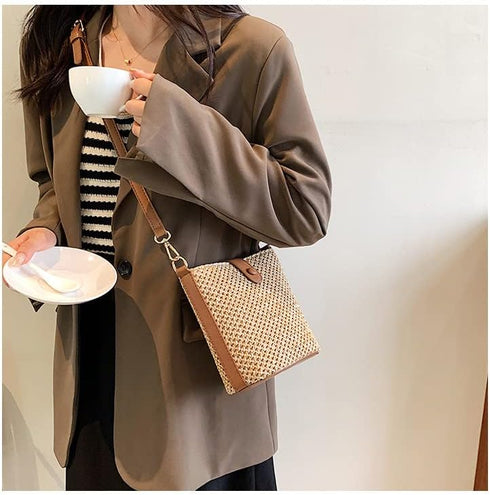 Women Small Faux Straw Bag Mini Woven Bucket Bag Summer Beach Bag Fashion Crossbody Bag Shoulder Bag Handbag...