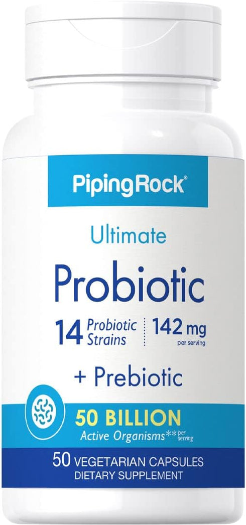 Piping Rock Probiotic Multi Enzyme | 50 Capsules | 142mg | with Prebiotics | Digestive Formula for Men and Women | 14 Strains | 50 Billion Active ...