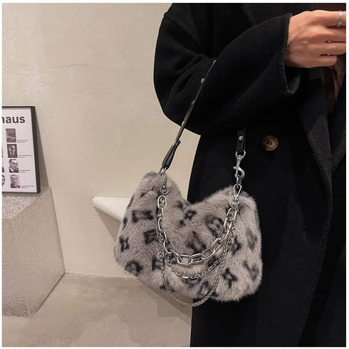 2022 New Leopard Print Plush Shoulder Cross-body Bag Fashion Chain One-shoulder Armpit Tote Y2K Purse Hobo Bag...